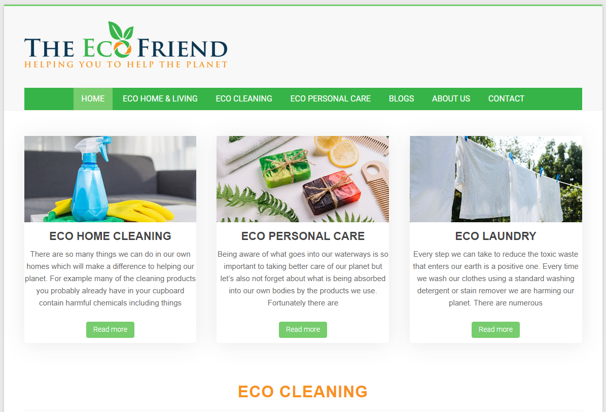 Cassia Digital client portfolio case study on The Eco Friend - web care, SEO audit, content creation and business consulting.